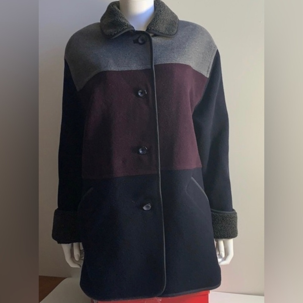 LONDON FOG Sz 14P Wool Blend Quilted Lining Colour Block Button Closure Pea Coat